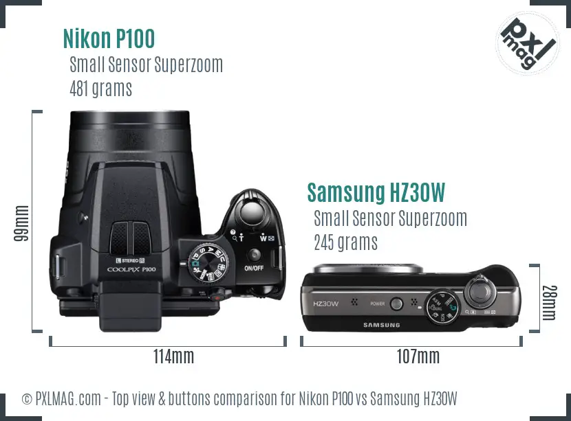 Nikon P100 vs Samsung HZ30W top view buttons comparison