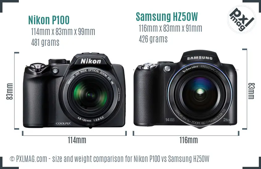 Nikon P100 vs Samsung HZ50W size comparison Nikon P100 vs Samsung HZ50W size comparison