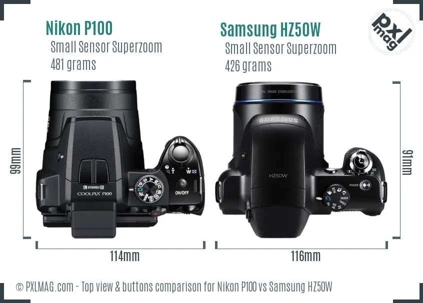 Nikon P100 vs Samsung HZ50W top view buttons comparison Nikon P100 vs Samsung HZ50W top view buttons comparison