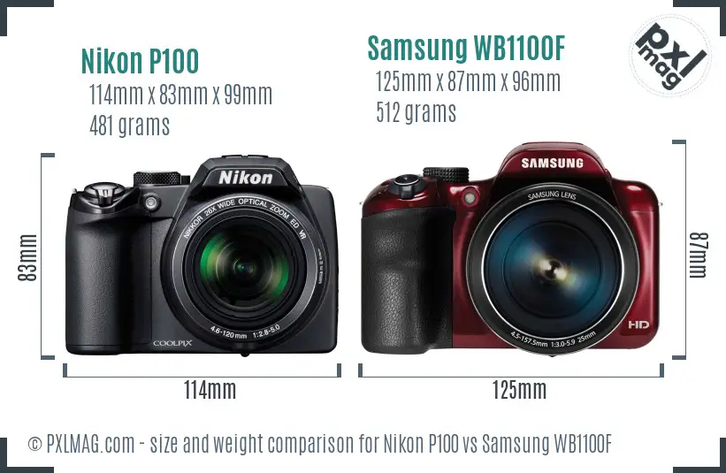 Nikon P100 vs Samsung WB1100F size comparison