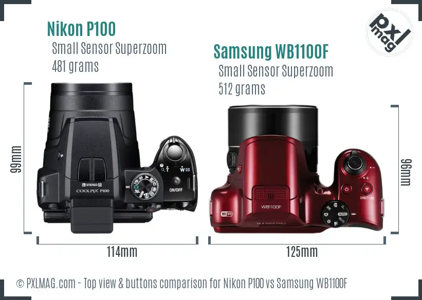 Nikon P100 vs Samsung WB1100F top view buttons comparison