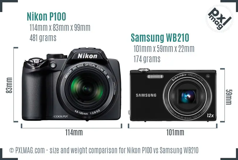 Nikon P100 vs Samsung WB210 size comparison