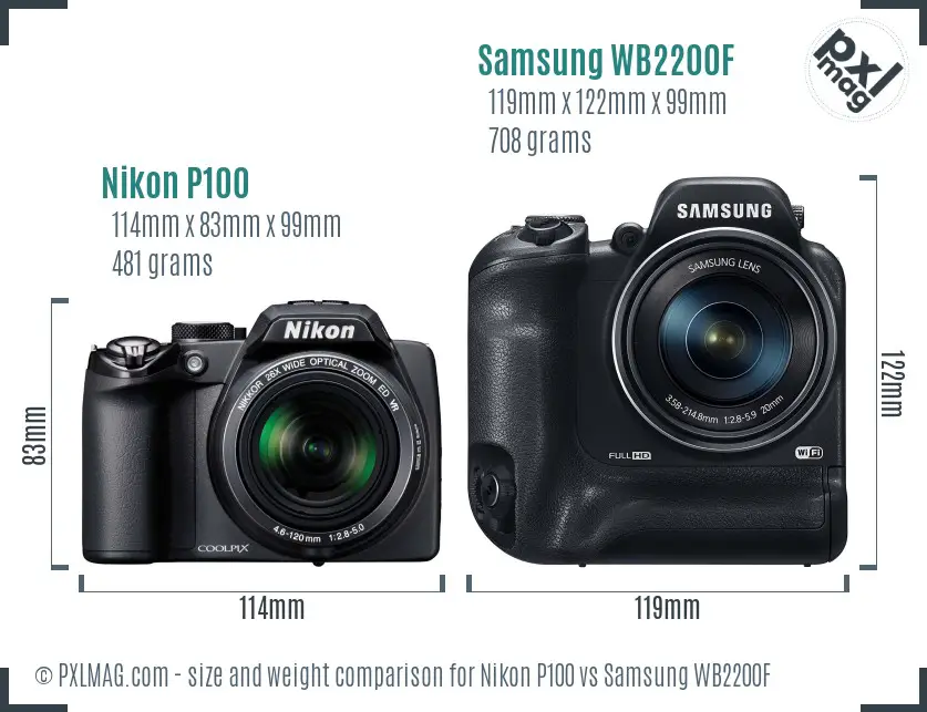 Nikon P100 vs Samsung WB2200F size comparison