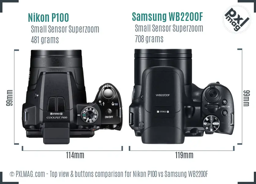 Nikon P100 vs Samsung WB2200F top view buttons comparison