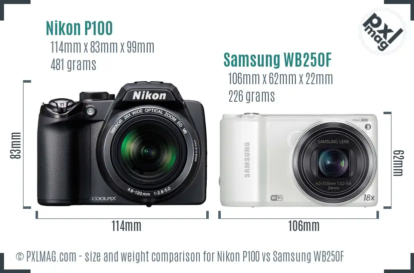 Nikon P100 vs Samsung WB250F size comparison