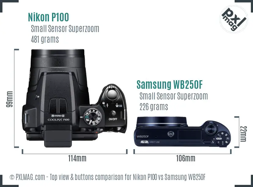 Nikon P100 vs Samsung WB250F top view buttons comparison