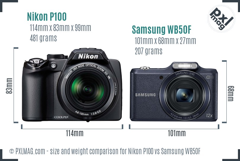 Nikon P100 vs Samsung WB50F size comparison