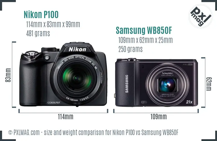 Nikon P100 vs Samsung WB850F size comparison Nikon P100 vs Samsung WB850F size comparison