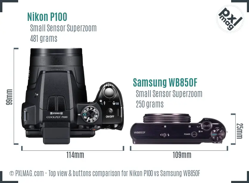 Nikon P100 vs Samsung WB850F top view buttons comparison Nikon P100 vs Samsung WB850F top view buttons comparison