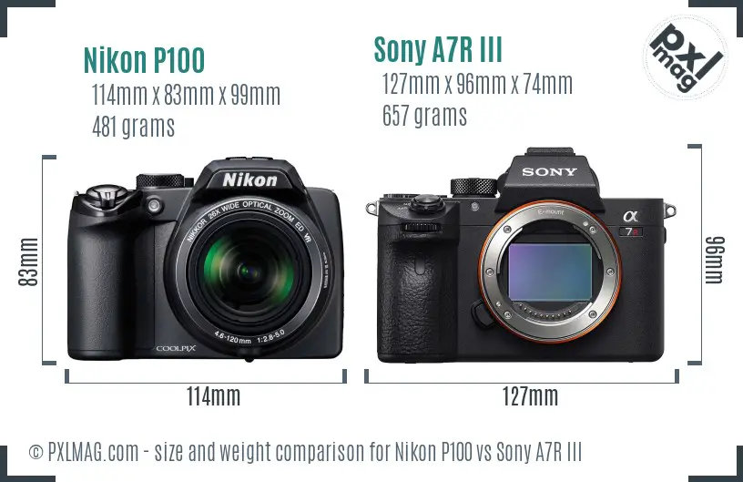 Nikon P100 vs Sony A7R III size comparison