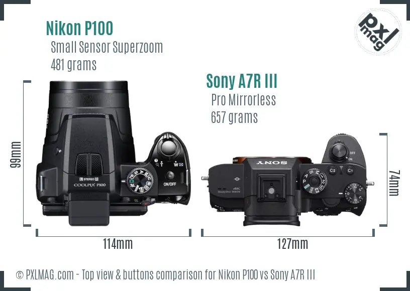 Nikon P100 vs Sony A7R III top view buttons comparison