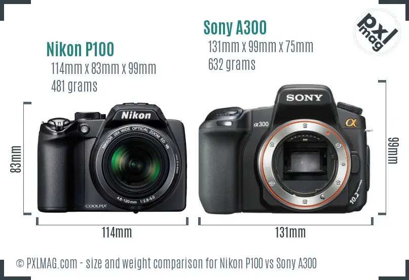 Nikon P100 vs Sony A300 size comparison Nikon P100 vs Sony A300 size comparison