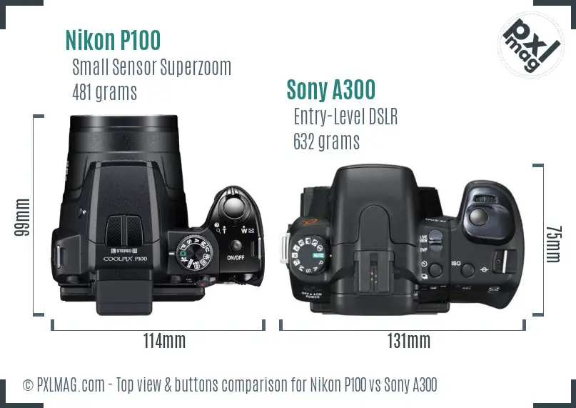 Nikon P100 vs Sony A300 top view buttons comparison Nikon P100 vs Sony A300 top view buttons comparison