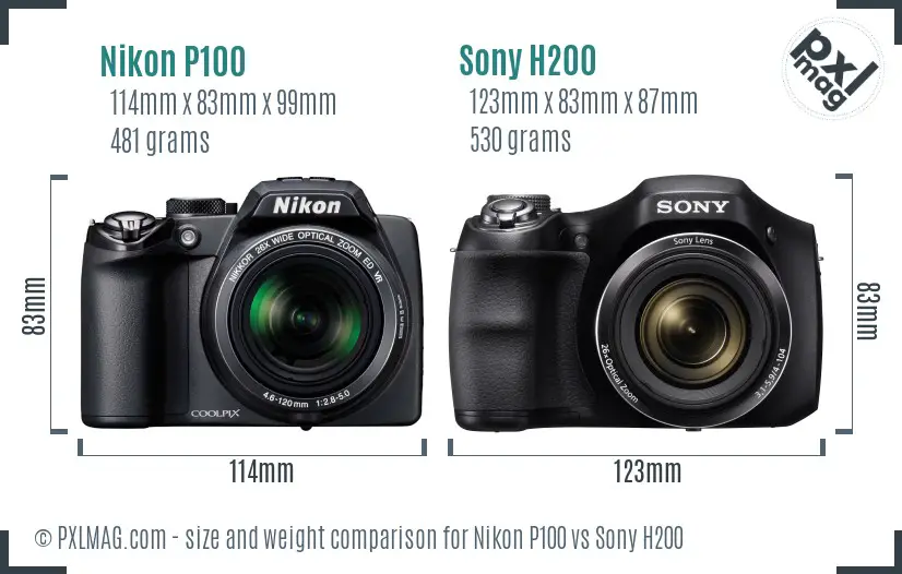 Nikon P100 vs Sony H200 size comparison