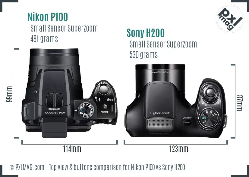 Nikon P100 vs Sony H200 top view buttons comparison