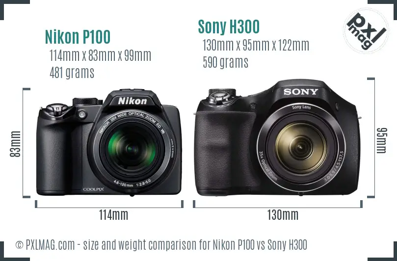 Nikon P100 vs Sony H300 size comparison