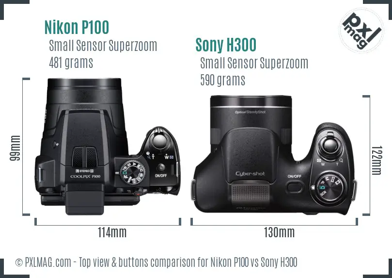 Nikon P100 vs Sony H300 top view buttons comparison