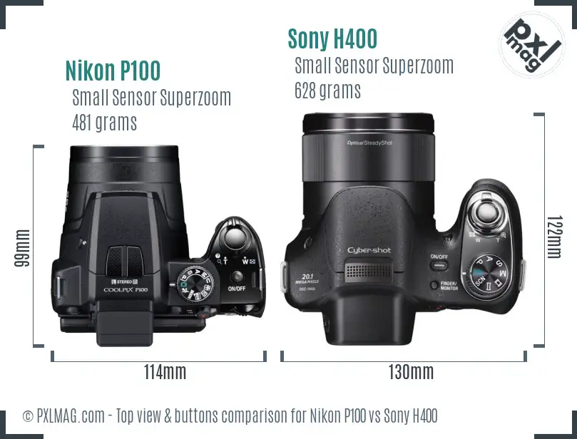 Nikon P100 vs Sony H400 top view buttons comparison Nikon P100 vs Sony H400 top view buttons comparison