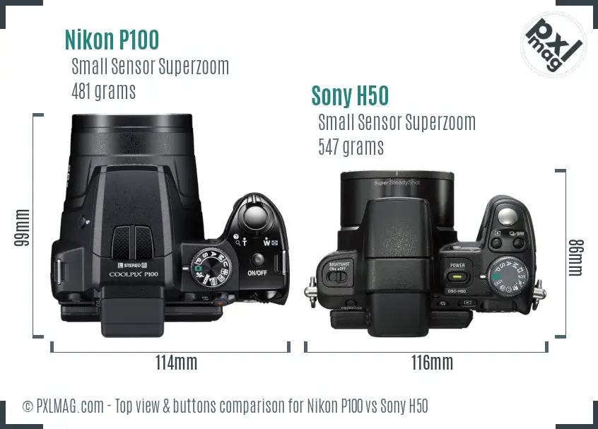 Nikon P100 vs Sony H50 top view buttons comparison Nikon P100 vs Sony H50 top view buttons comparison