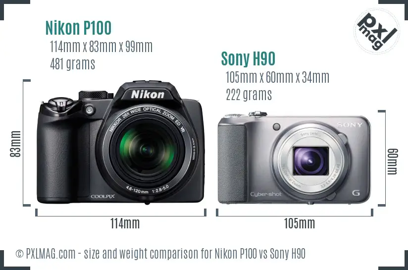 Nikon P100 vs Sony H90 size comparison Nikon P100 vs Sony H90 size comparison