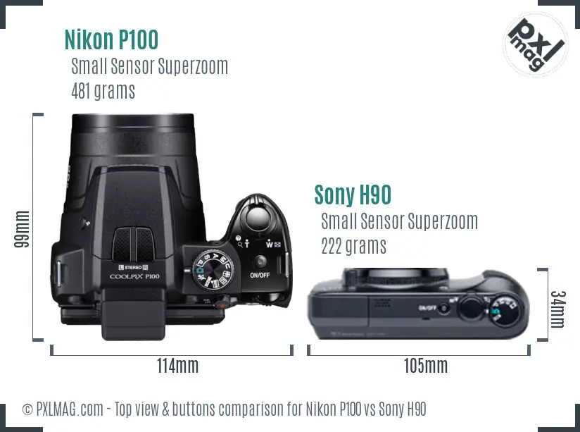 Nikon P100 vs Sony H90 top view buttons comparison Nikon P100 vs Sony H90 top view buttons comparison