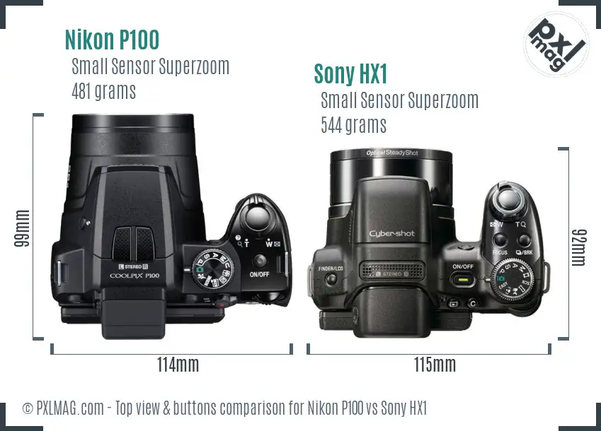 Nikon P100 vs Sony HX1 top view buttons comparison