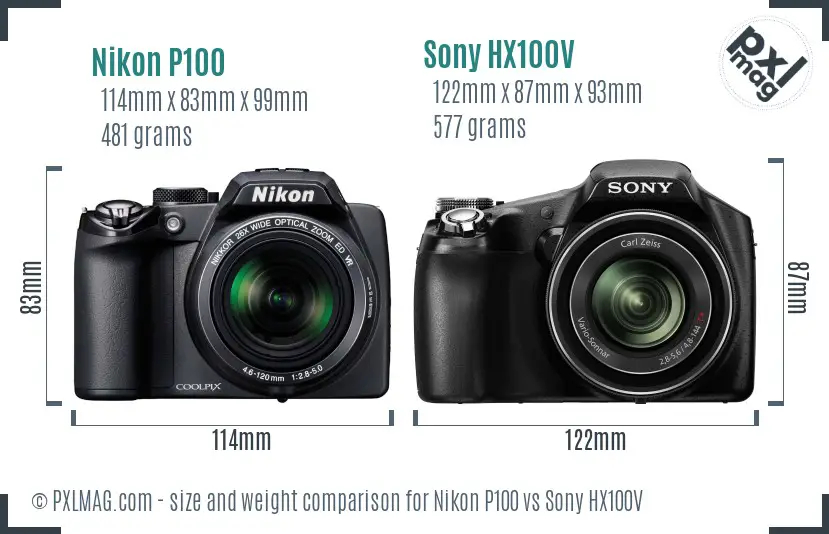 Nikon P100 vs Sony HX100V size comparison