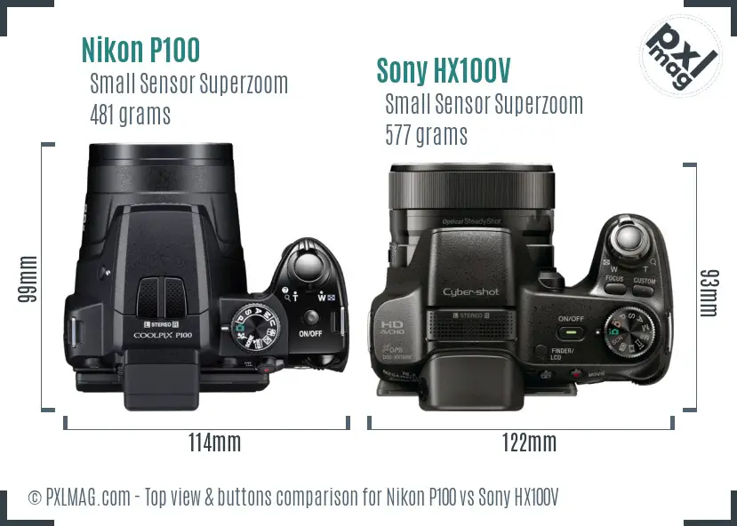 Nikon P100 vs Sony HX100V top view buttons comparison