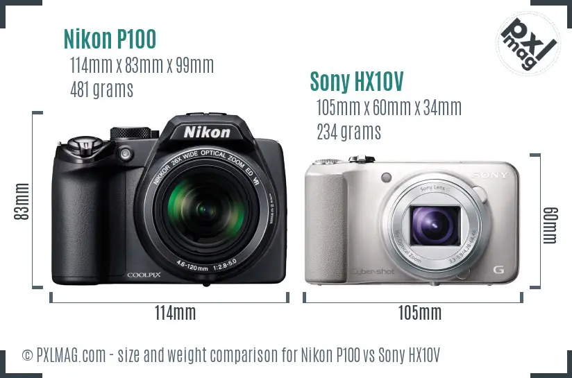 Nikon P100 vs Sony HX10V size comparison