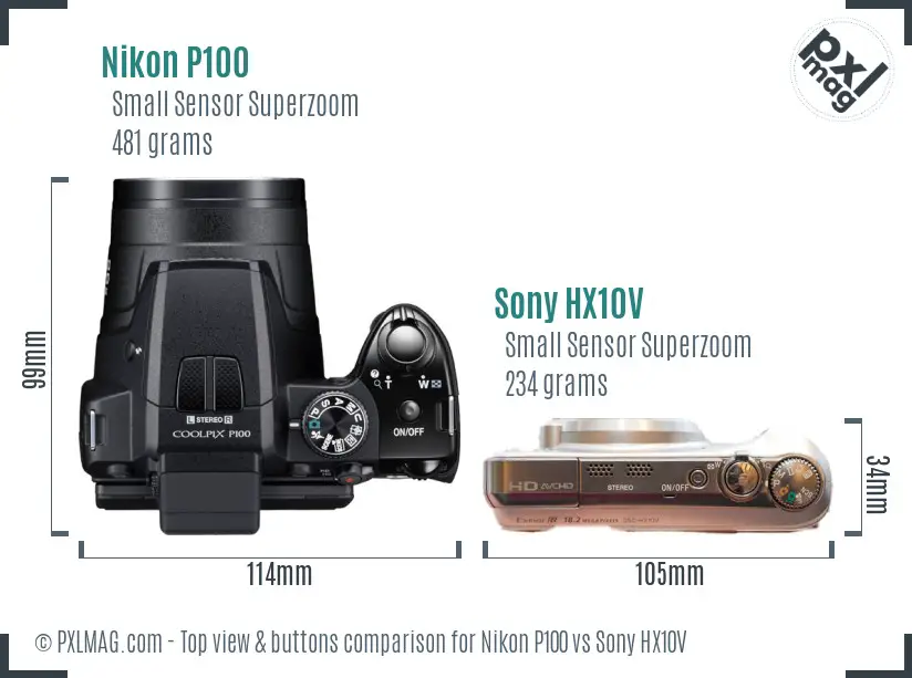 Nikon P100 vs Sony HX10V top view buttons comparison