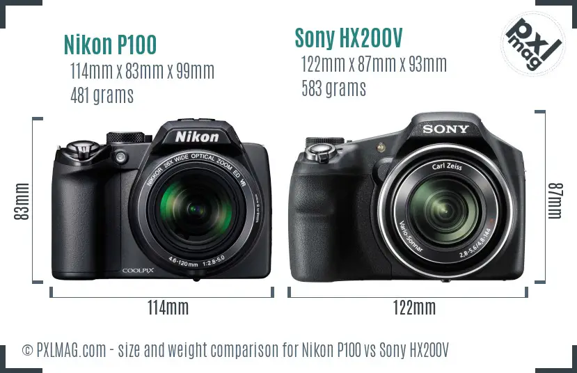 Nikon P100 vs Sony HX200V size comparison