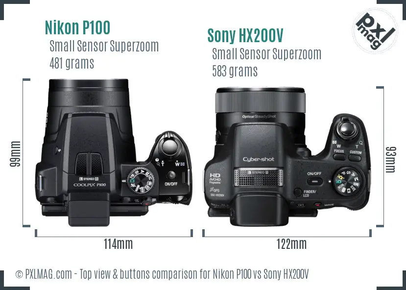 Nikon P100 vs Sony HX200V top view buttons comparison