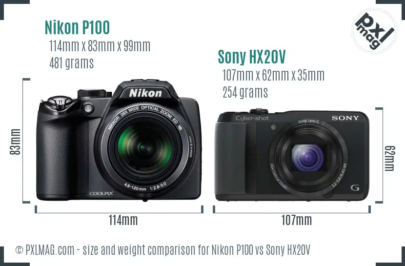 Nikon P100 vs Sony HX20V size comparison