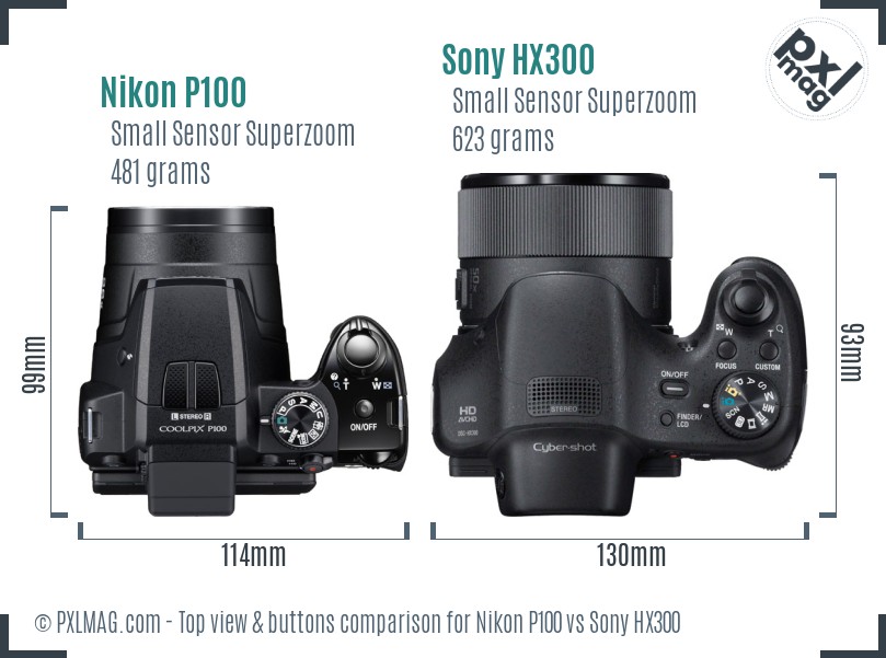 Nikon P100 vs Sony HX300 top view buttons comparison