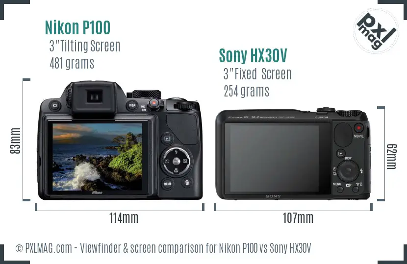 Nikon P100 vs Sony HX30V Screen and Viewfinder comparison