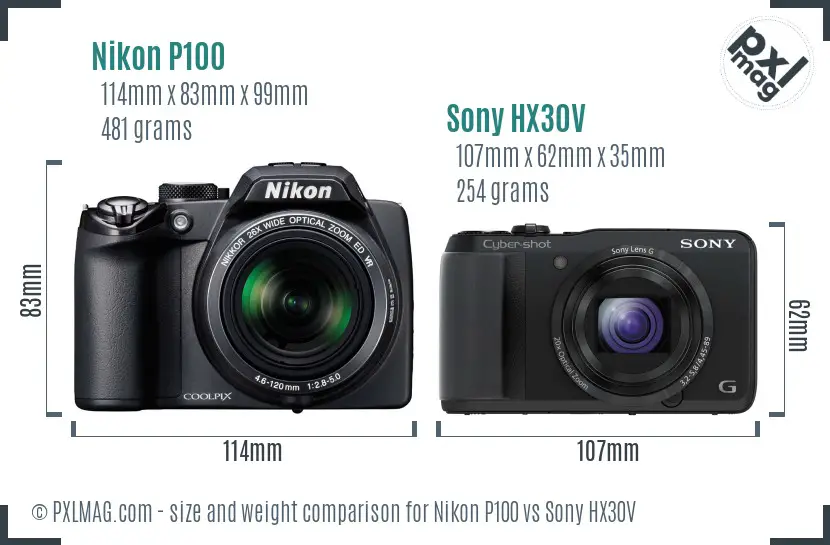 Nikon P100 vs Sony HX30V size comparison