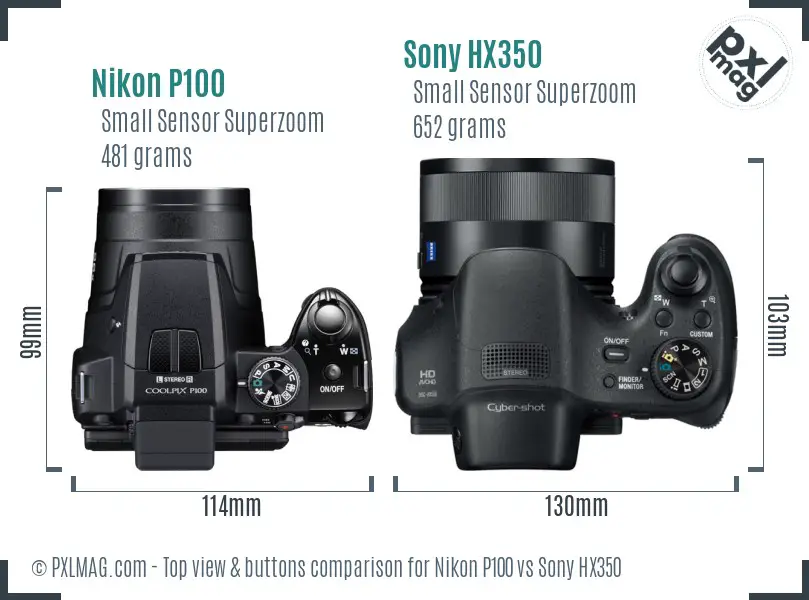 Nikon P100 vs Sony HX350 top view buttons comparison