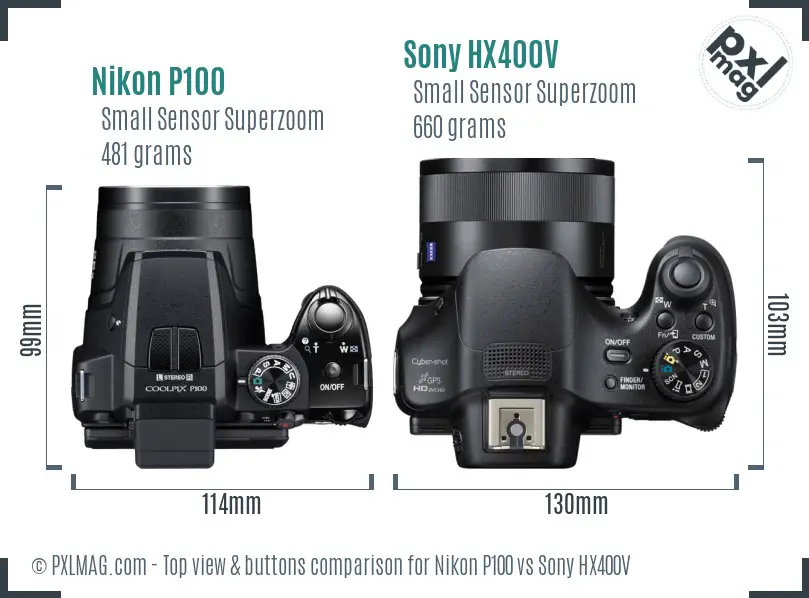 Nikon P100 vs Sony HX400V top view buttons comparison