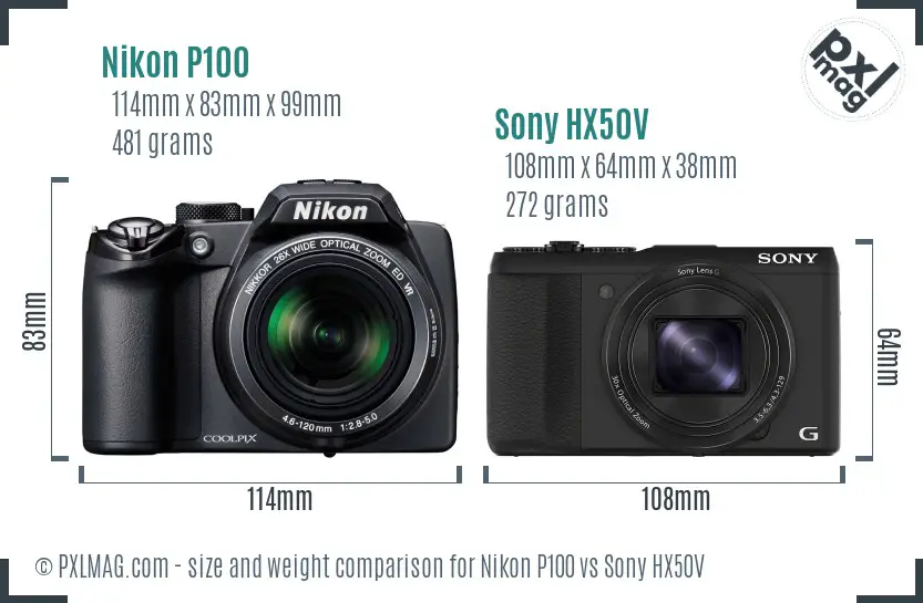 Nikon P100 vs Sony HX50V size comparison