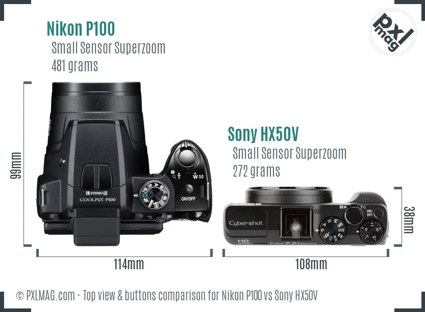 Nikon P100 vs Sony HX50V top view buttons comparison