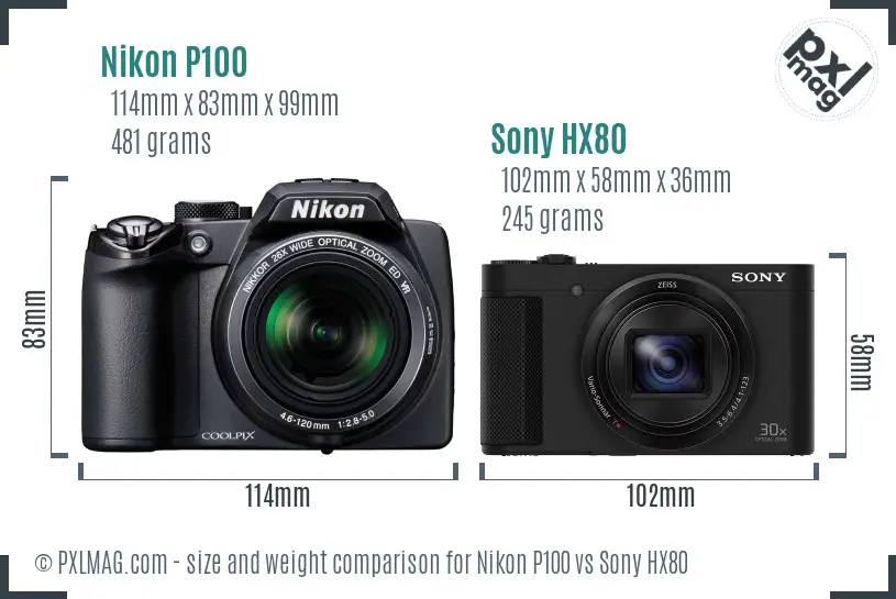 Nikon P100 vs Sony HX80 size comparison