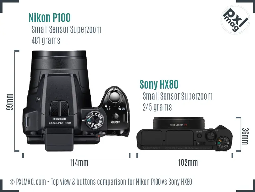 Nikon P100 vs Sony HX80 top view buttons comparison