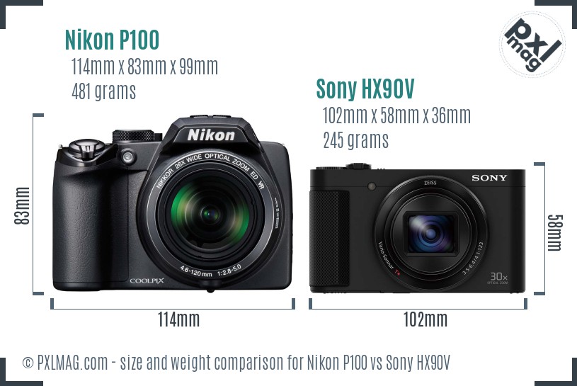 Nikon P100 vs Sony HX90V size comparison Nikon P100 vs Sony HX90V size comparison