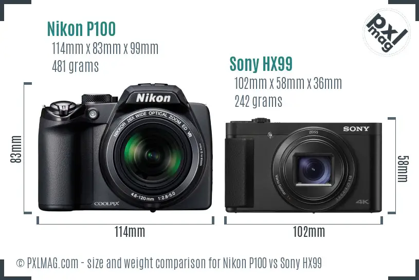 Nikon P100 vs Sony HX99 size comparison