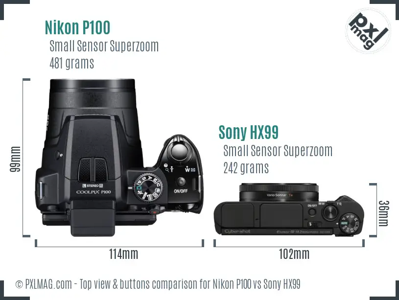 Nikon P100 vs Sony HX99 top view buttons comparison