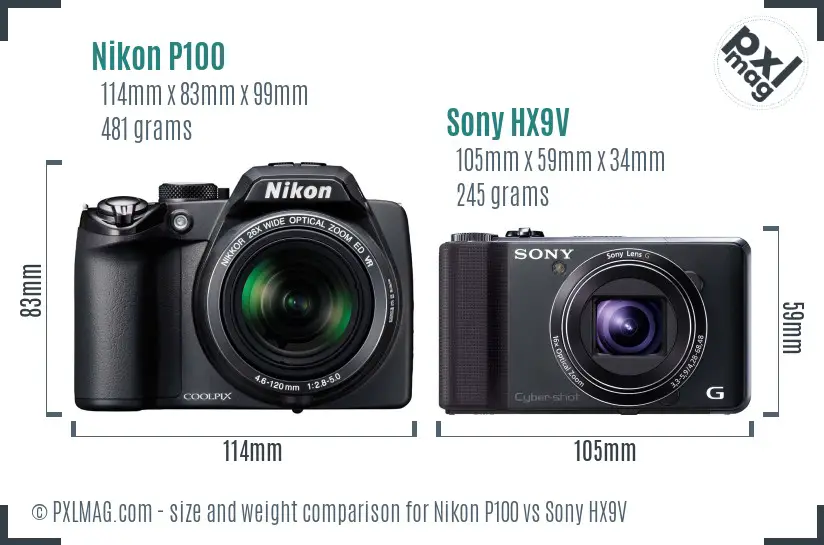 Nikon P100 vs Sony HX9V size comparison