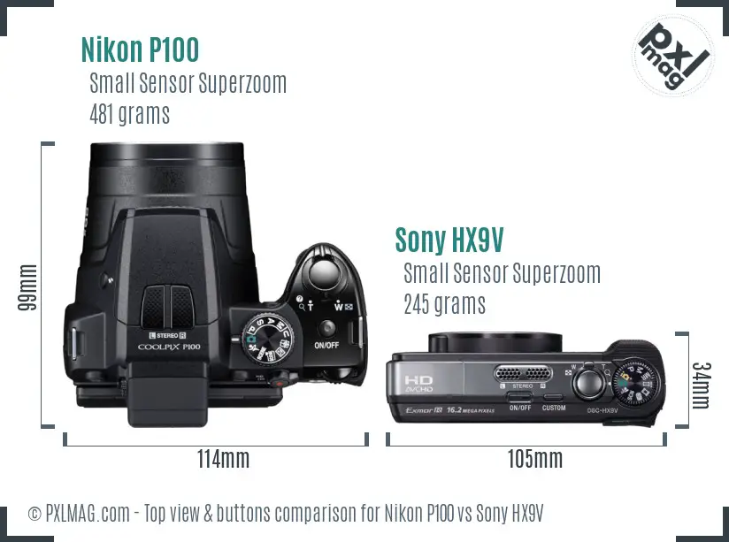 Nikon P100 vs Sony HX9V top view buttons comparison