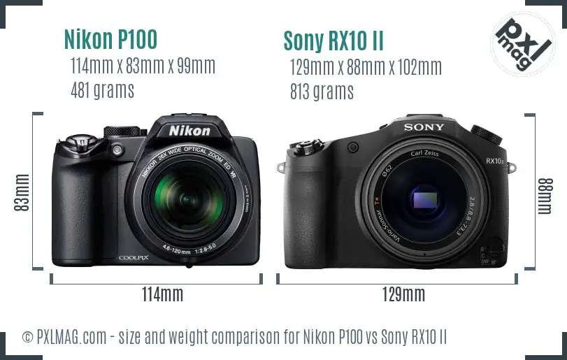 Nikon P100 vs Sony RX10 II size comparison