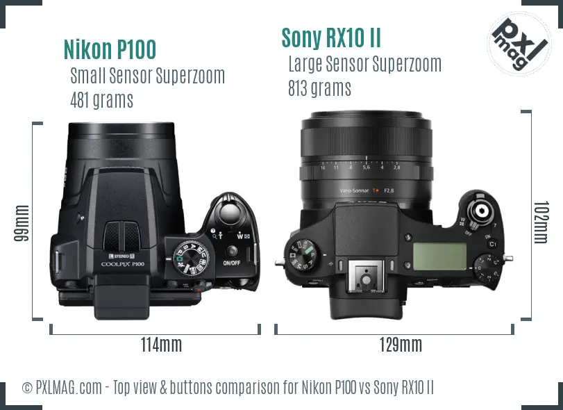 Nikon P100 vs Sony RX10 II top view buttons comparison
