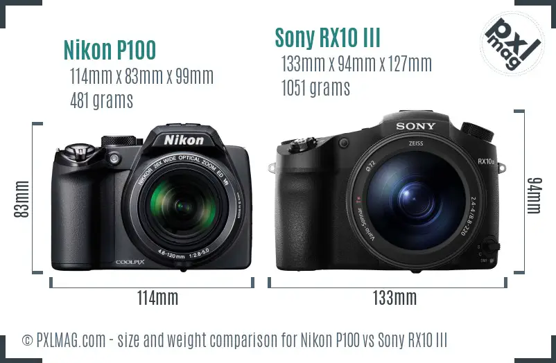 Nikon P100 vs Sony RX10 III size comparison